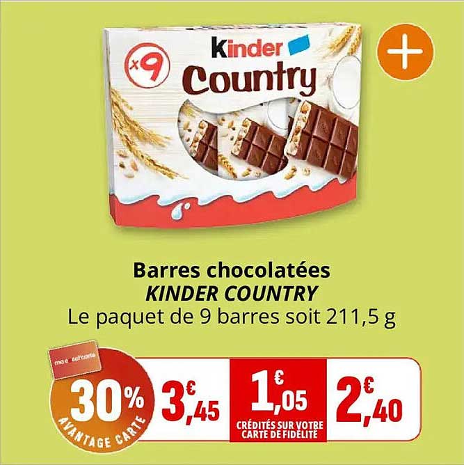 Barres chocolatées KINDER COUNTRY Le paquet de 9 barres soit 211,5 g