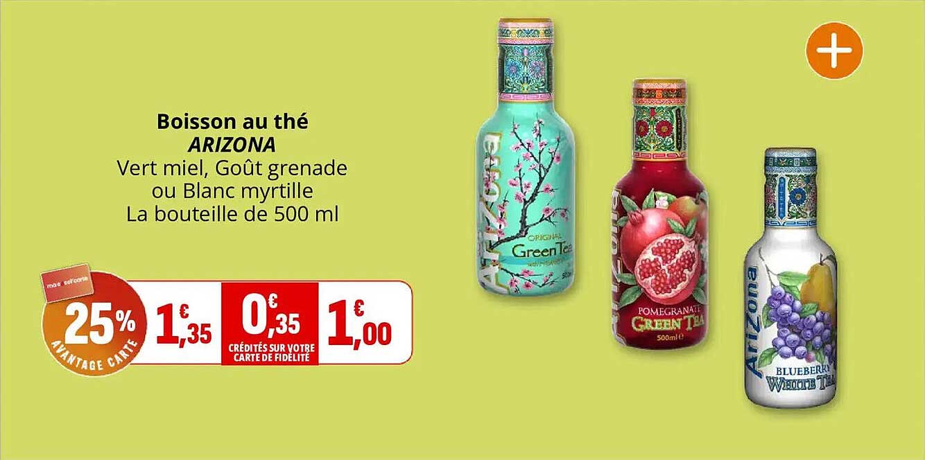 Boisson au thé ARIZONA Vert miel, Goût grenade ou Blanc myrtille La bouteille de 500 ml