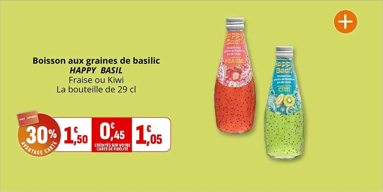 Boisson aux graines de basilic HAPPY BASIL Fraise ou Kiwi La bouteille de 29 cl