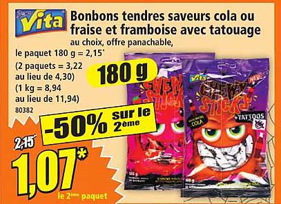 Bonbons tendres saveurs cola ou fraise et framboise avec tatouage au choix, offre panachable