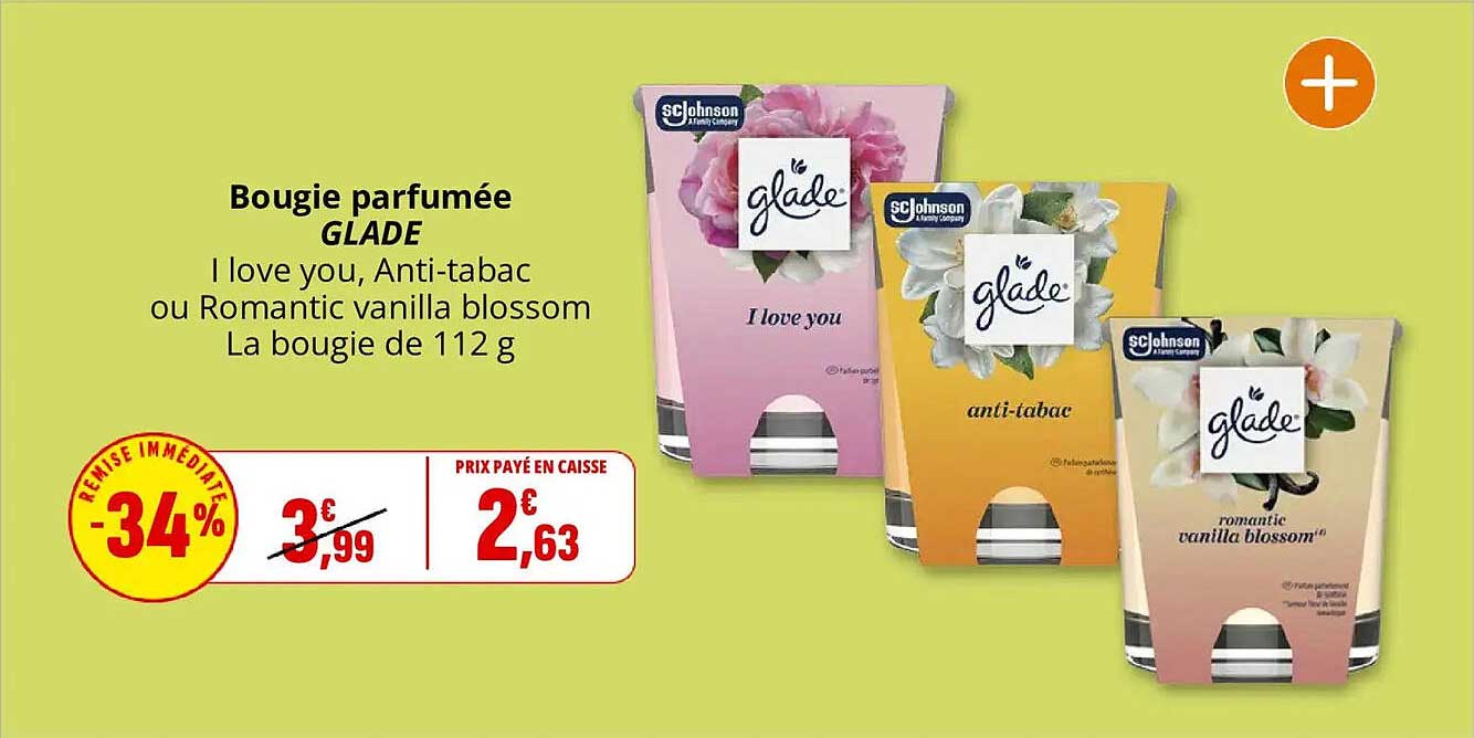 Bougie parfumée GLADE I love you, Anti-tabac ou Romantic vanilla blossom La bougie de 112 g