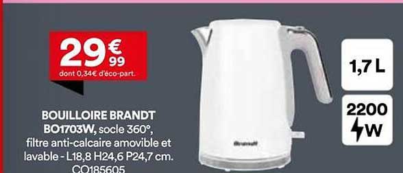 BOUILLOIRE BRANDT BO1703W, socle 360°, filtre anti-calcaire amovible et lavable - L18,8 H24,6 P24,7 cm. C0186505