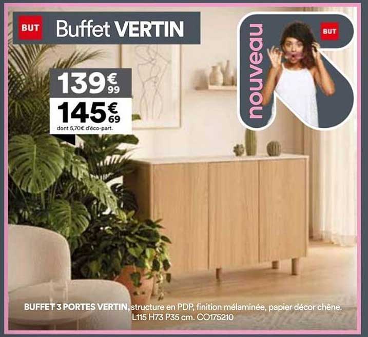 Buffet 3 portes vertin, structure en PDP, finition mélaminée, papier décor chêne. L115 H73 P35 cm. C0175210