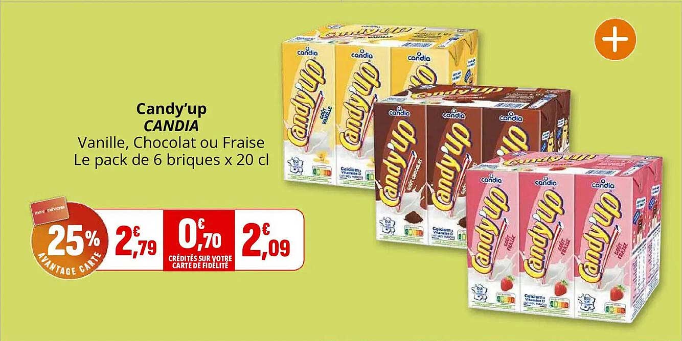 Candy'up CANDIA Vanille, Chocolat ou Fraise Le pack de 6 briques x 20 cl