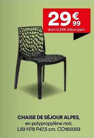 CHAISE DE SÉJOUR ALPES, en polypropylène noir, L59 H78 P47,5 cm. C0165059