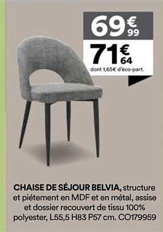 CHAISE DE SÉJOUR BELVIA, structure et piétement en MDF et en métal, assise et dossier recouvert de tissu 100% polyester, L55,5 H83 P57 cm. C0179959