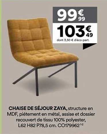 CHAISE DE SÉJOUR ZAYA, structure en MDF, piétement en métal, assise et dossier recouvert de tissu 100% polyester, L62 H82 P78,5 cm. CO179962-1²