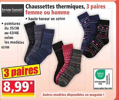 Chaussettes thermiques, 3 paires femme ou homme