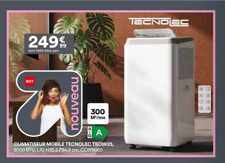 CLIMATISEUR MOBILE TECNOLEC TEC8K23, 8000 BTU, L70 H35,5 P34,8 cm. CO179065