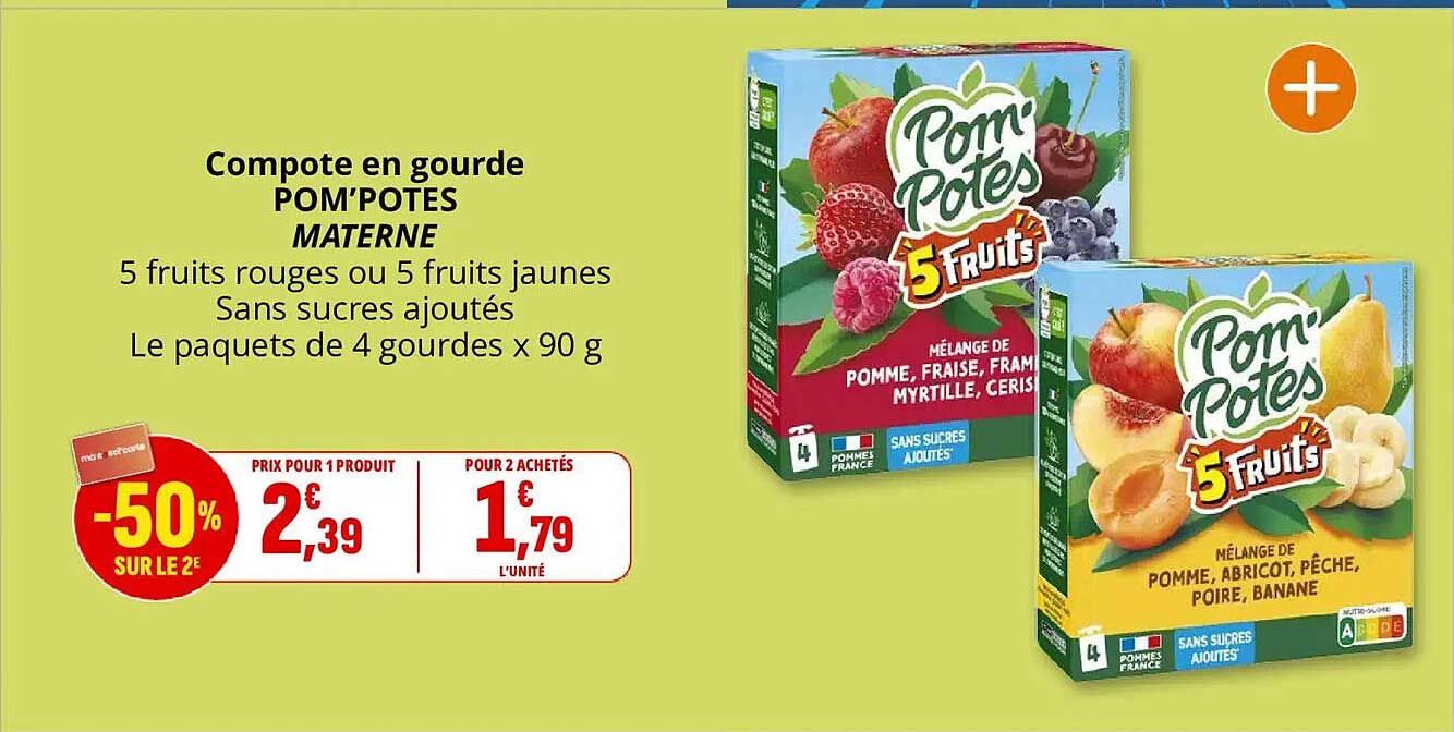 Compote en gourde POM’POTES MATERNELLE 5 fruits rouges ou 5 fruits jaunes Sans sucres ajoutés Le paquets de 4 gourdes x 90 g