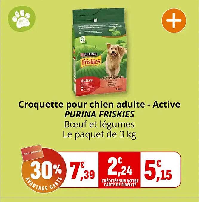 Croquette pour chien adulte - Active PURINA FRISKIES Bœuf et légumes Le paquet de 3 kg