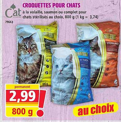 CROQUETTES POUR CHATS à la volaille, saumon ou complet pour chats stérilisés au choix, 800 g (1 kg = 3,74)
