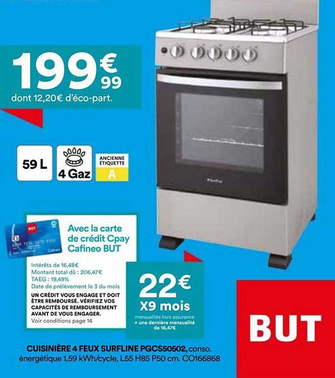CUISINIÈRE 4 FEUX SURFLINE PGCS50502, conso. énergétique 1,59 kWh/cycle, L55 H85 P50 cm. CO166868