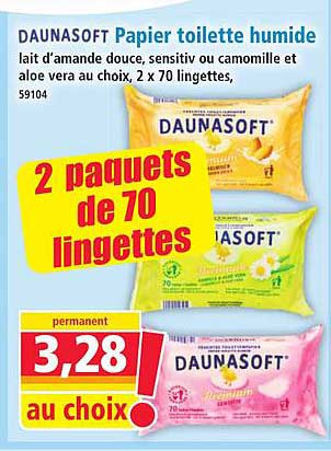 DAUNASOFT Papier toilette humide lait d'amande douce, sensitif ou camomille et aloe vera au choix, 2 x 70 lingettes, 59104