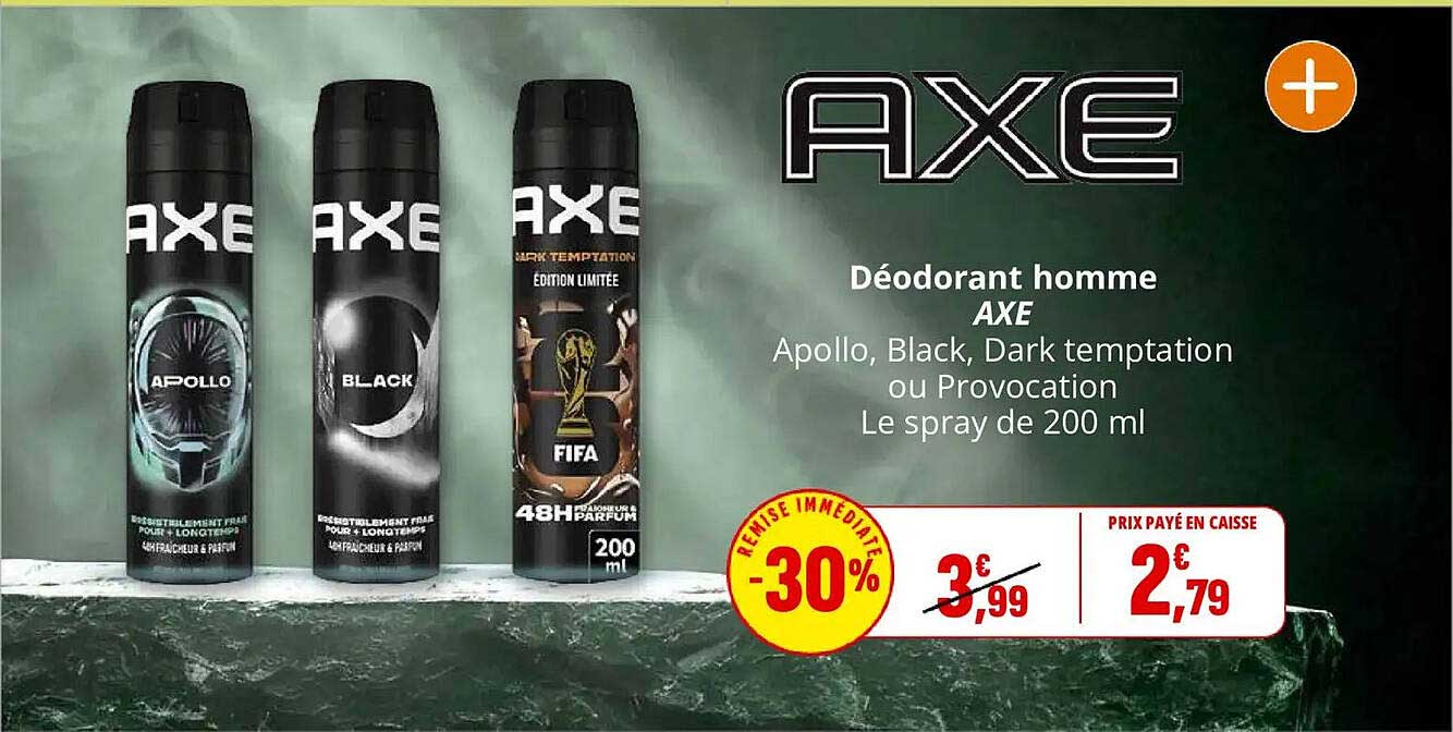 Déodorant homme AXE Apollo, Black, Dark temptation ou Provocation Le spray de 200 ml