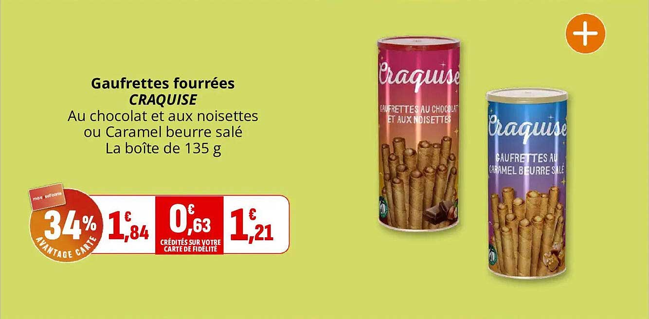Gaufrettes fourrées CRAQUISE Au chocolat et aux noisettes ou Caramel beurre salé La boîte de 135 g