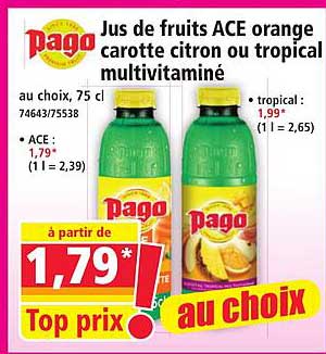 Jus de fruits ACE orange carotte citron ou tropical multivitaminé