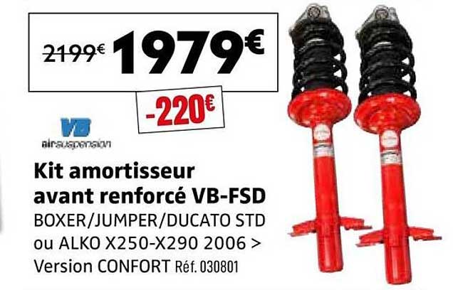 Kit amortisseur avant renforcé VB-FSD BOXER/JUMPER/DUCATO STD ou ALKO X250-X290 2006 > Version CONFORT Réf. 030801