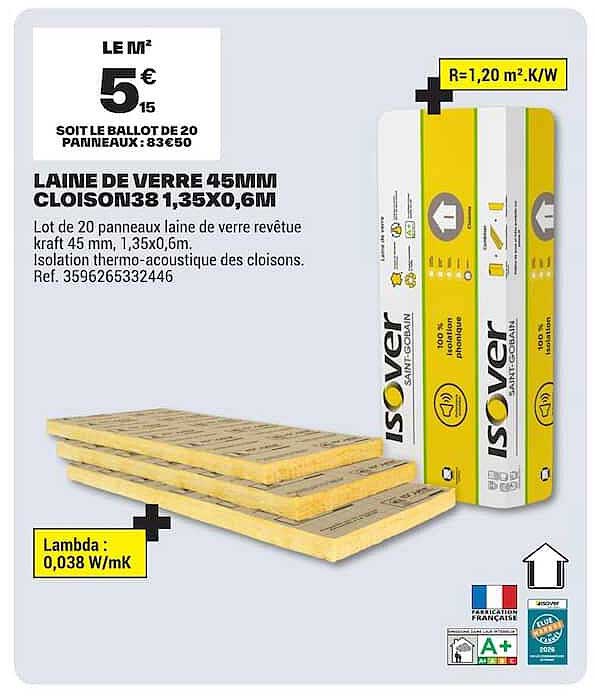 LAINE DE VERRE 45MM CLOISON 38 1,35X0,6M