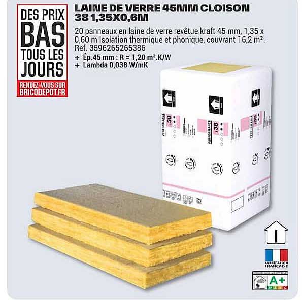 LAINE DE VERRE 45MM CLOISON 38,1,35X0,6M