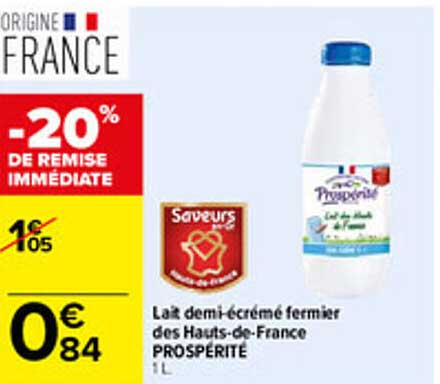Lait demi-écrémé fermier des Hauts-de-France PROSPERITE 1 L