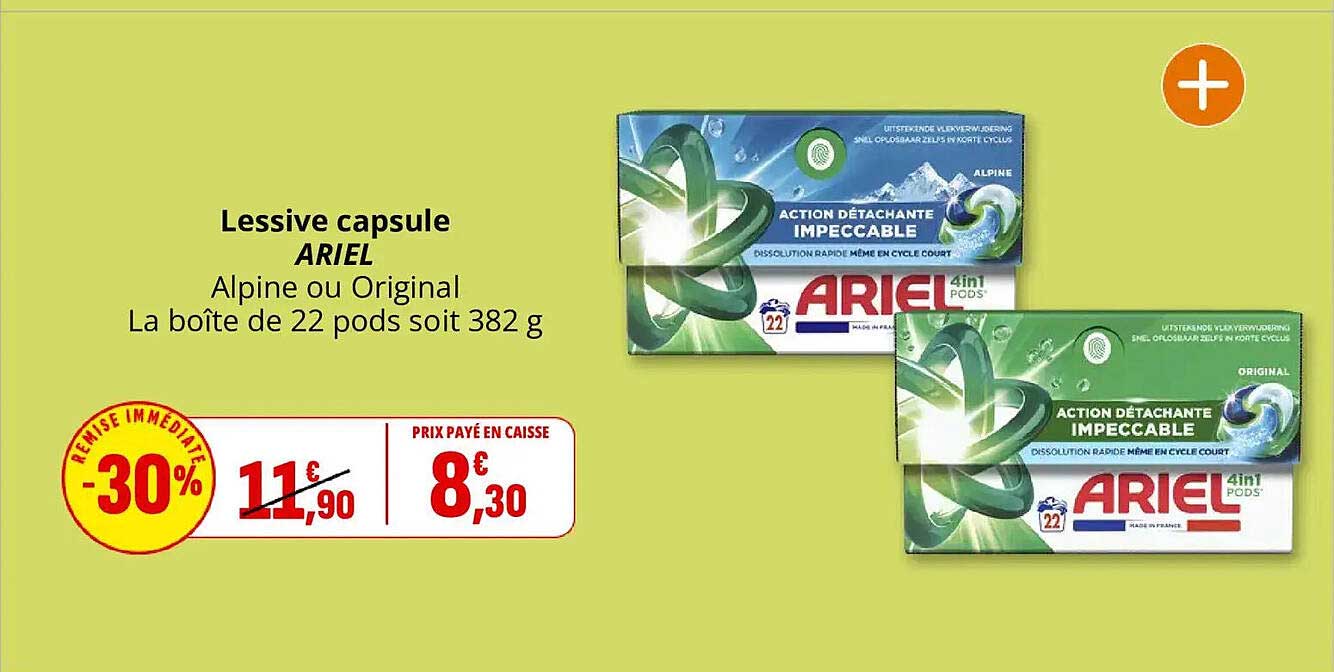 Lessive capsule ARIEL Alpine ou Original La boîte de 22 pods soit 382 g