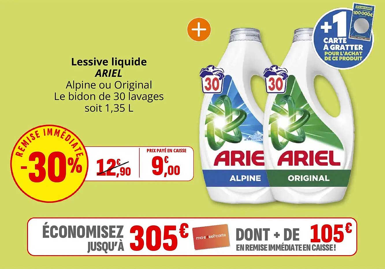 Lessive liquide ARIEL Alpine ou Original Le bidon de 30 lavages soit 1,35 L