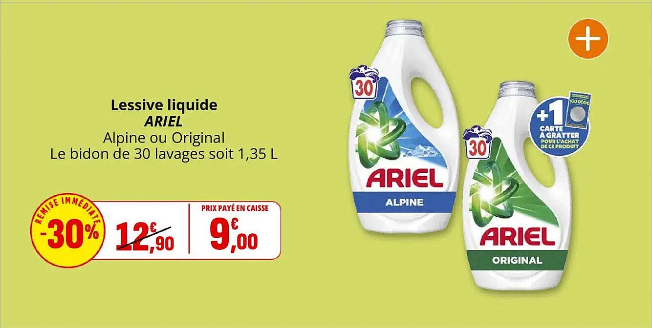 Lessive liquide ARIEL Alpine ou Original Le bidon de 30 lavages soit 1,35 L