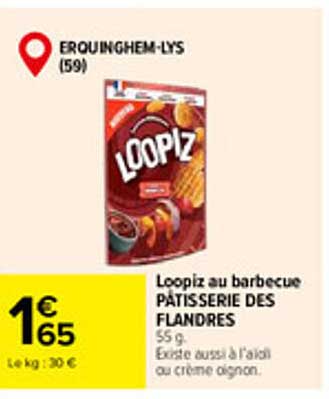 Loopiz au barbecue PATISSERIE DES FLANDRES 65 g. Existe aussi à l'ail ou crème oignon.