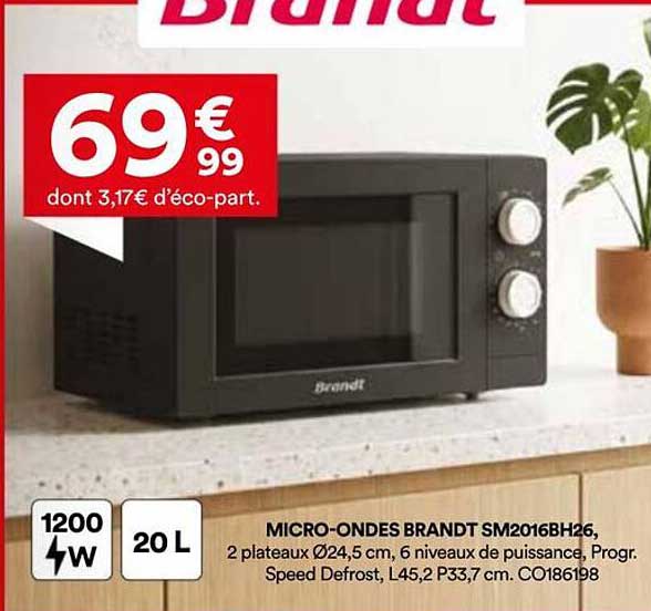 MICRO-ONDES BRANDT SM2016BH26, 2 plateaux Ø24,5 cm, 6 niveaux de puissance, Progr. Speed Defrost, L45, P33,7 cm. CO186198