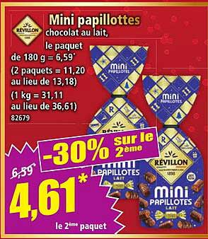 Mini papillottes chocolat au lait, le paquet de 180 g = 6,59€ (2 paquets = 11,20 au lieu de 13,18) (1 kg = 31,11 au lieu de 36,61)