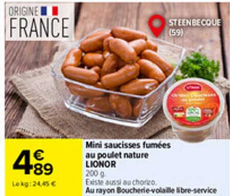 Mini saucisses fumées au poulet nature LIONOR 200 g