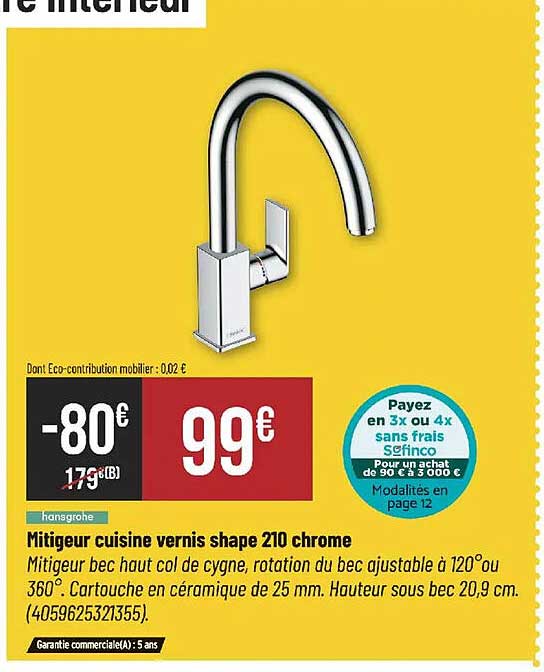 Mitigeur cuisine vernis shape 210 chrome