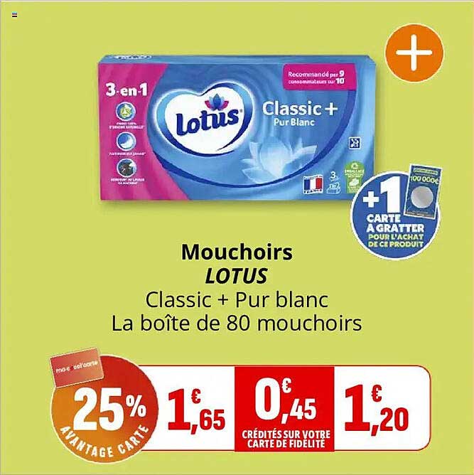 Mouchoirs LOTUS Classic + Pur blanc La boîte de 80 mouchoirs