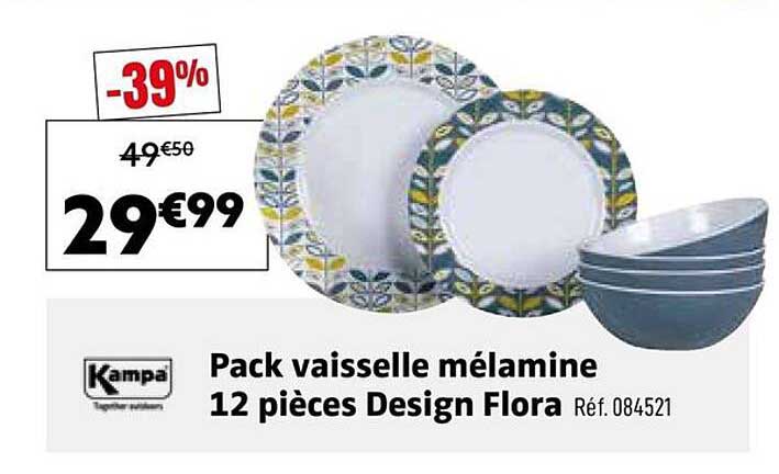 Pack vaisselle mélamine 12 pièces Design Flora Réf. 084521