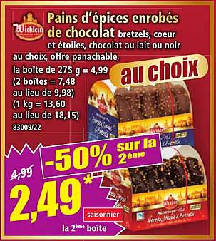 Pains d'épices enrobés de chocolat bretzels, coeur et étoiles, chocolat au lait ou noir au choix, offre panachable