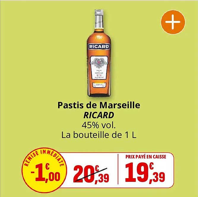 Pastis de Marseille RICARD 45% vol. La bouteille de 1 L