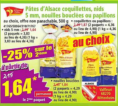 Pâtes d'Alsace coquillettes, pids 5 mm, nouilles bouclées ou papillons au choix, offre non panachable, 500 g - coquillettes ou papillons