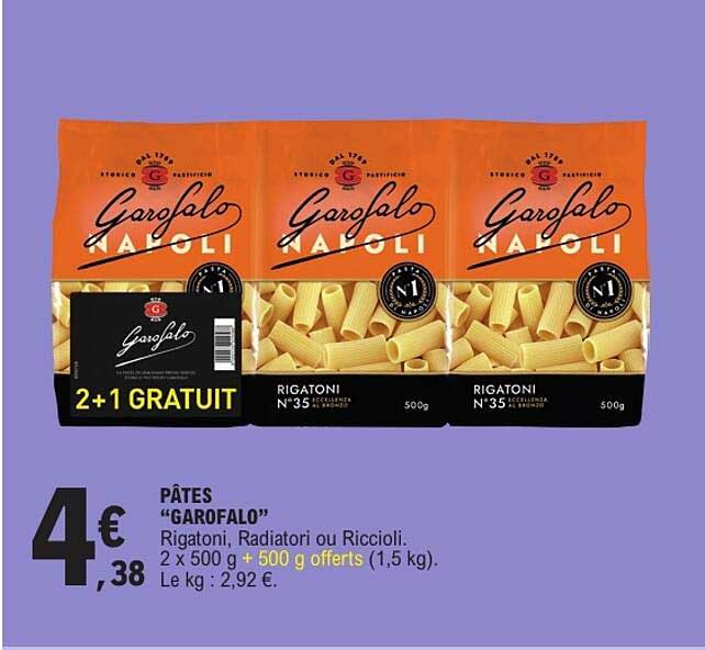 PÂTES “GAROFOLO” - Rigatoni, Radiatori ou Riccioli. 2 x 500 g + 500 g offerts (1,5 kg)