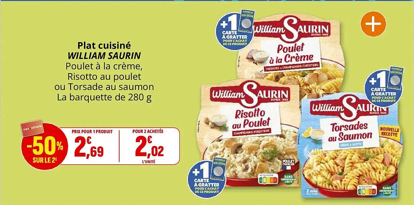Plat cuisiné WILLIAM SAURIN Poulet à la crème, Risotto au poulet ou Torsade au saumon La barquette de 280 g