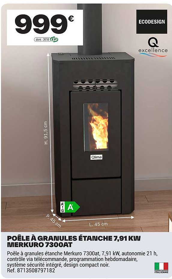 POÊLE À GRANULÉS ÉTANCHE 7,91 KW MERKURO 7300AT