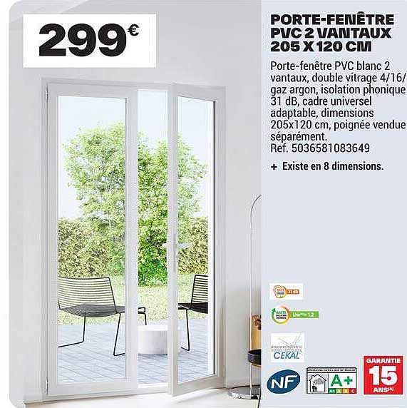 PORTE-FENÊTRE PVC 2 VANTAUX 205 X 120 CM