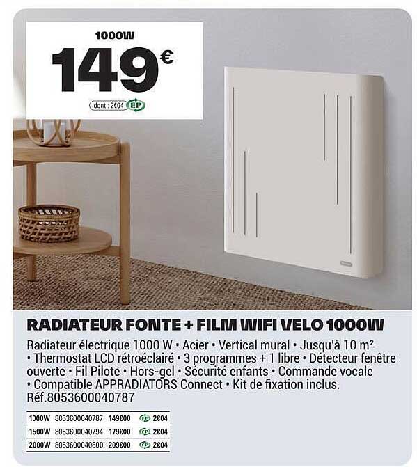 RADIATEUR FONTE + FILM WIFI VELO 1000W