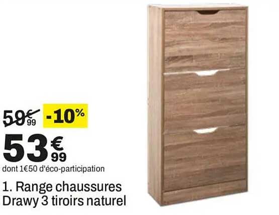 Range chaussures Drawy 3 tiroirs naturel