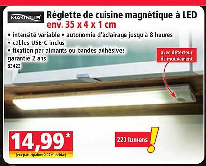 Réglette de cuisine magnétique à LED env. 35 x 4 x 1 cm