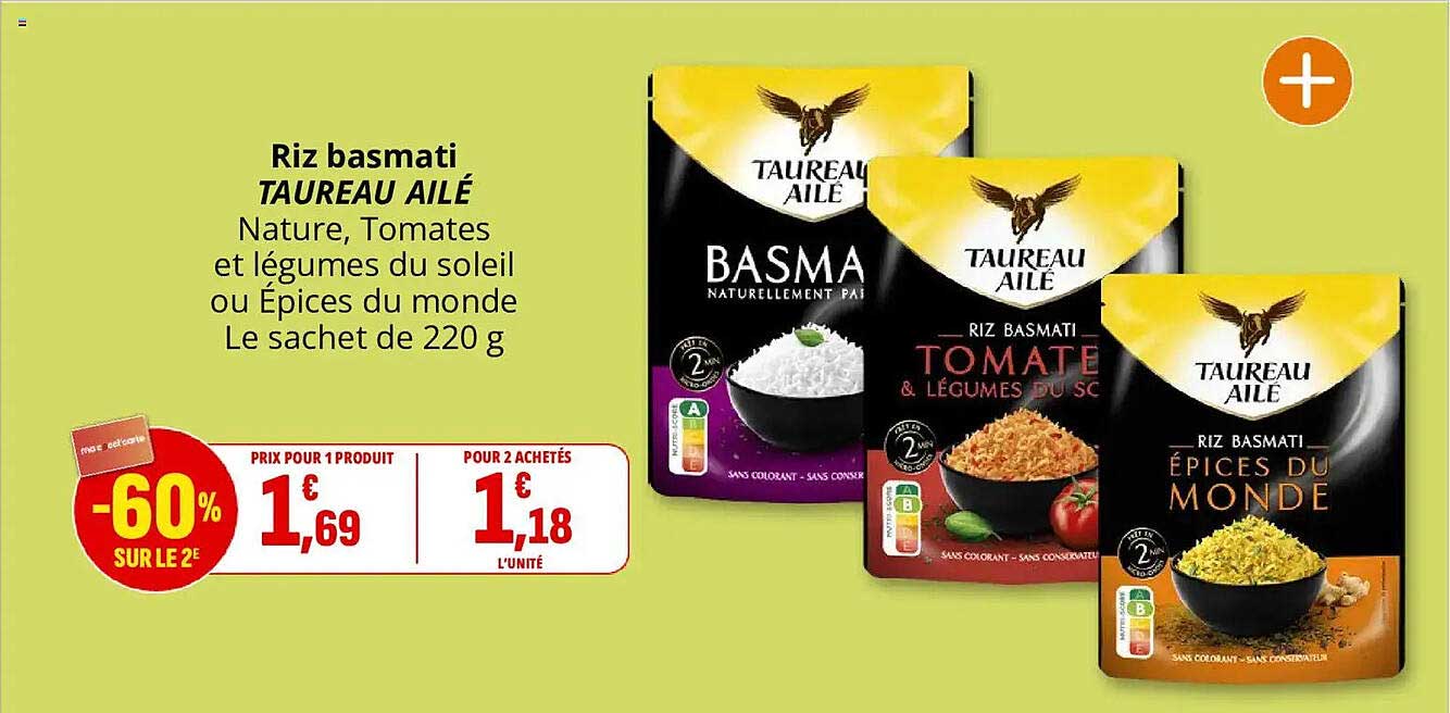 Riz basmati TAUREAU AILÉ Nature, Tomates et légumes du soleil ou Épices du monde Le sachet de 220 g