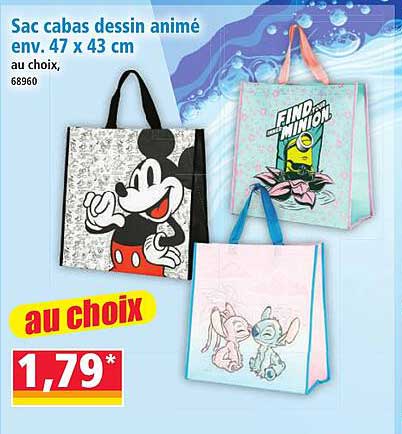 Sac cabas dessin animé env. 47 x 43 cm au choix, 68960