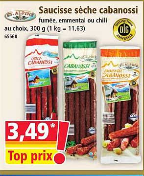 Saucisse sèche cabanossi fumée, emmental ou chili au choix, 300 g (1 kg = 11,63)