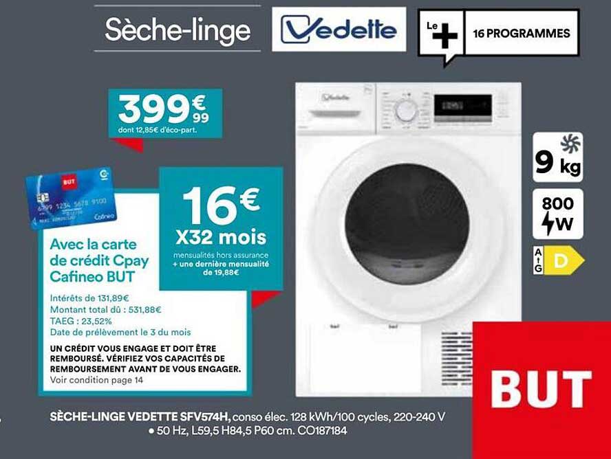 Sèche-linge Vedette SFV574H, conso élec. 128 kWh/100 cycles, 220-240 V