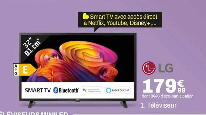 Smart TV avec accès direct à Netflix, Youtube, Disney+,...